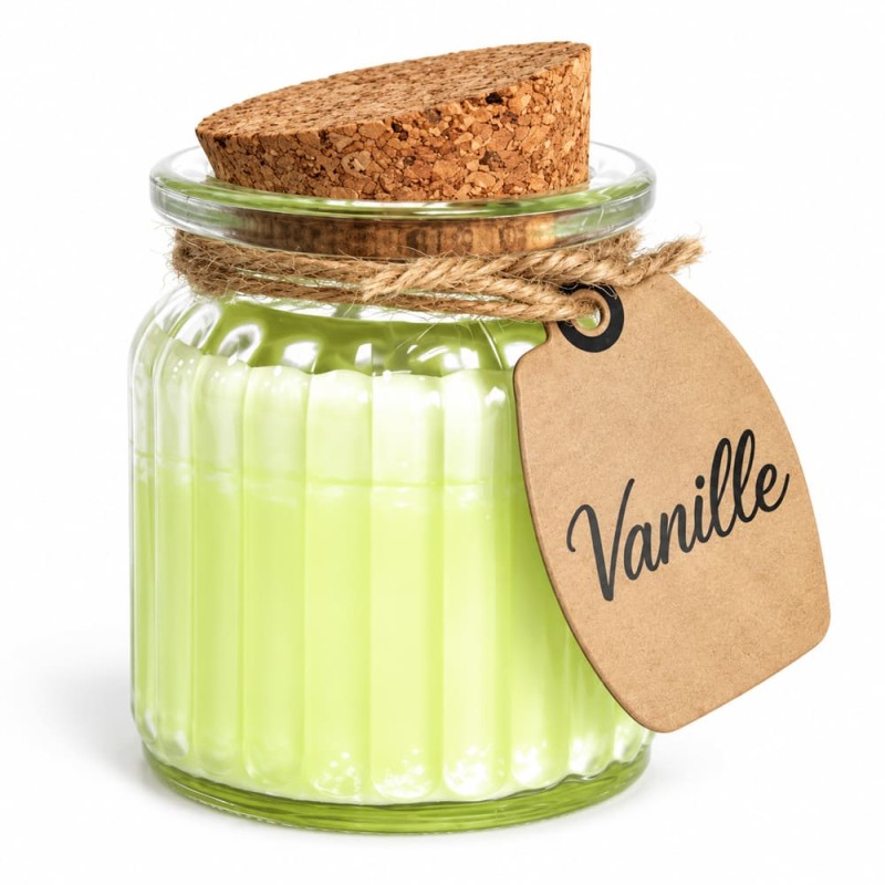 Bougie parfumée à la vanille en cire de soja dans un pot en verre avec couvercle en liège, idée cadeau gourmand