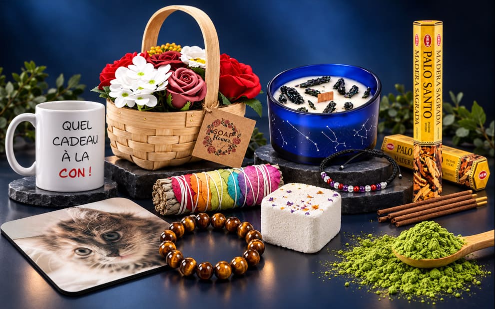 Idées cadeaux originaux : mug humour, tapis de souris chat, fleurs de savon, bougie aux pierres, encens, bracelet œil de tigre, sauge et matcha